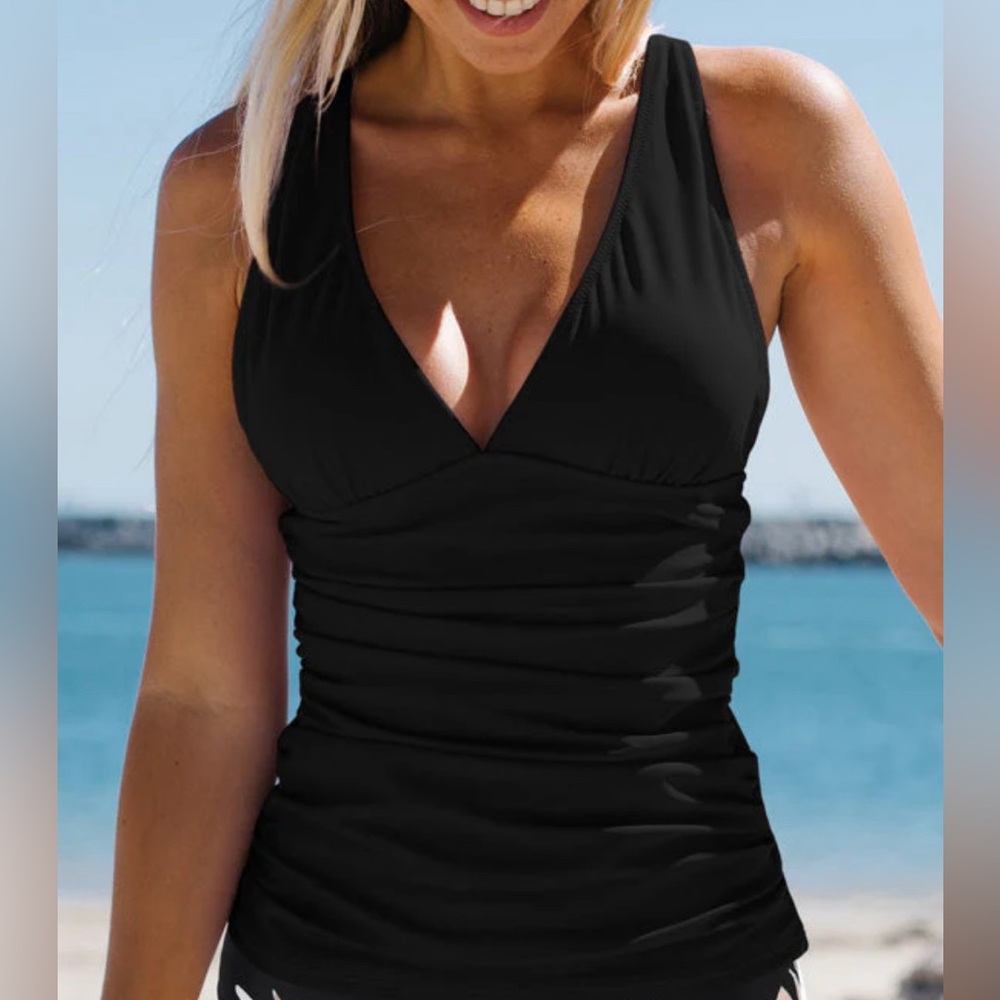 Black Tankini w Palm Print bottoms